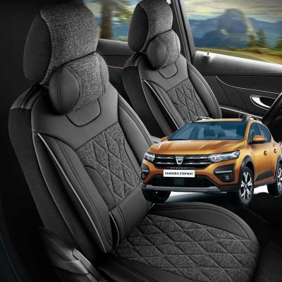 Sandero III / Stepway III (2021-2024) - Set Huse scaune Marmaris Gri - realizate pentru Sandero si compatibile cu cotiera